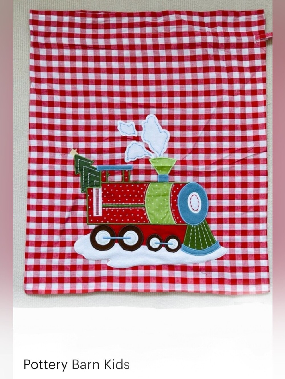 PBK Holiday Express Train Red Check Drawstring Sack Bag Medium New